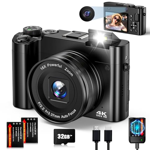 Digitalkamera 4K Fotokamera Autofocus Digitalkamera mit Dual-Kameras, 16X Zoom, Anti-Shake, 64MP Kompaktkamera mit 32GB Karte, 2 Akkus, Blitz für Jugendliche, Einsteige (Schwarz)