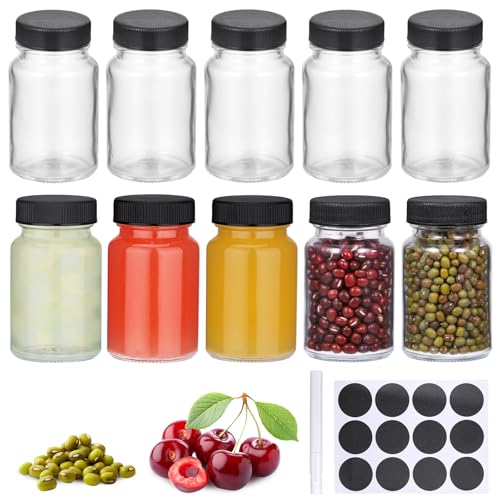 Hejo Kleine Shot Flaschen zum befüllen, 10 Stück Dicke Kleine Glasflaschen, 60ml Stabile Ingwer Schnapsflaschen, Mehrweg Breiter Mund Mini Shot Gläser mit Deckel für Saft Ingwer Shot(Schwarzer Deckel)