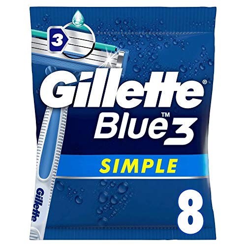 Gillette Blue3 Simple Einwegrasierer Männer, 8 Rasierer mit 3-fach Klinge, Nassrasierer mit fixiertem Klingenkopf, Feuchtigkeitsstreifen