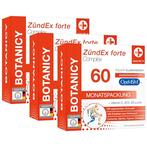 BOTANICY Zündex Forte Complex 3er Pack - OptiMSM Hochdosiert, Extrakt aus Boswellia Serrata Weihrauch, Curcuma, Myrrhe, Ingwer & Cranberry - Plus Vitamine & Spurenelemente - 180 MSM Kapseln