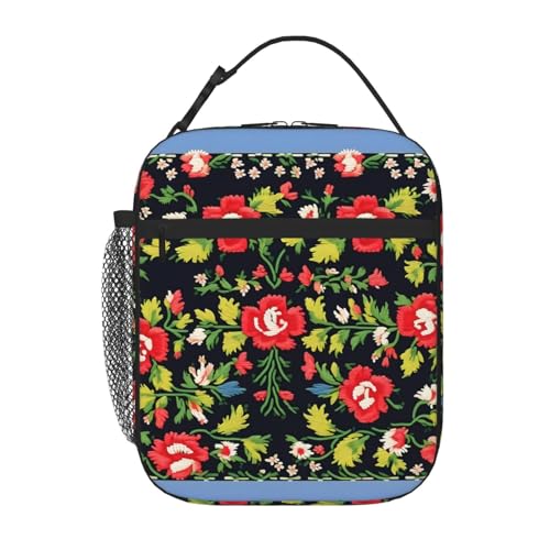 JEJEA Lunchtasche mit ukrainischer Stickerei, Rosenmuster, für Damen, Herren, Erwachsene, Lunchbox, Behälter mit Vordertasche, Kühltasche