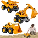 GYHWOFUL 3 Stück Bagger Spielzeug Set – Sandspielzeug Fahrzeuge für Sandkasten & Strand, Kipplaster, Bulldozer & Bagger mit Trägheit, Robuste Sommerspielzeuge für Kinder