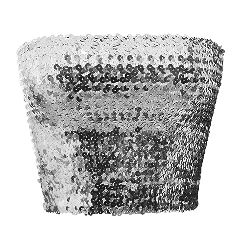 JIAHG Damen Glitzer Pailletten Crop Top Ärmellos Bandeau Top Sexy Trägerlos Tube Top Schulterfreies Bustier Bauchtanz Crop Top für Bauchtanz, Boho, Festival, Club, Latin Dance, Kostüm (Silber)