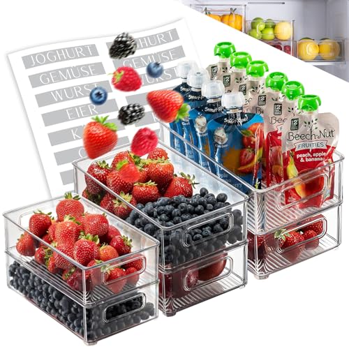 6er Set Kühlschrank Organizer, BPA-freie Küchenschrank Organizer, Transparente Aufbewahrungsboxen aus Acryl mit Griffen und Etiketten, Fridge Organizer Behälter für Kühlschrank, Speisekammer und Küche