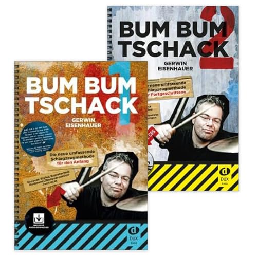 Bum Bum Tschack Band 1 mit Audio-Download + Band 2 mit 2 CDs (ISBN 9783868490008 + 9783868492026) - Schlagzeugschule von Gerwin Eisenhauer - Soundman Notenheft + 2 Bleistifte (Starterset)