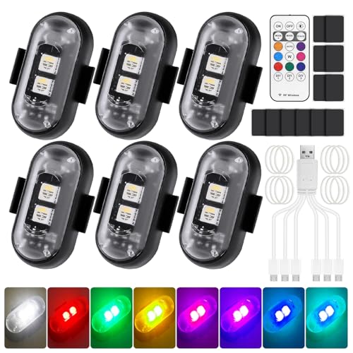 GIBOHOM 6 Stück Kabellose LED Lichter Autos, 8 Farben Wasserdicht Auto Blitzlicht mit Fernbedienung, USB-Aufladung Antikollisionslichter Strobe Drone Light für Motorrad, RC-Auto, Fahrrad, Drohne
