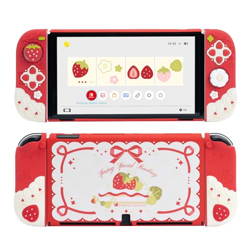GeekShare Soft Silicone Schutzhülle für Switch OLED Anti-Kratz Slim Cover Hülle Kompatibel mit Nintendo Switch OLED Trennbare Schutzhülle mit 2 Daumen Griffkappen - Frühlings-Spezial Erdbeere