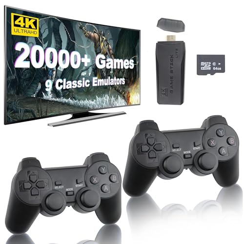 Drahtlose Retro-Spielkonsole mit Plug and Play Video Game Keys, HD Classic Game Stick 64G 9 integrierte Emulatoren und 20000+ Spiele und Dual Wireless Controller 2.4G.4K HDMI-Ausgang TV Nostalgie Gami
