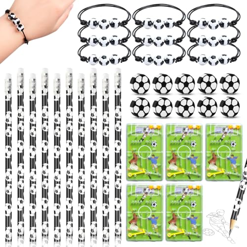 Ezydka 40 Stück Mitgebsel Fussball Set Kinder Fussball Mitgebsel 10 Fußball Bleistifte 10 Radiergummi Fussball 10 Fußball Armbänder 10 Fußball Flipperspiel für Give Aways Kindergeburtstag Jungen