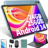 JJGJ Android 14 Tablet mit Tastatur, 10 Zoll mit 24GB+256GB, 1TB Expand, 8-Core, 8000mAh, 5G WiFi, Widevine L1, GMS, Gesichtserkennung, 2 in 1 Tablet mit Tastatur, Maus, Stylus(Grün)