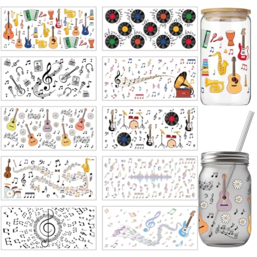 arricraft 10 Blatt Musikthema UV DTF Cup Wrap Für 16OZ Glas Gitarren Musiknoten Aufkleber Zum Aufreiben Cartoon PVC Transferaufkleber Für DIY Tassen Flaschen Instrumente Musikgeschenk