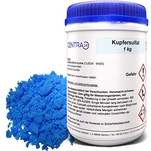 Kupfersulfat 1kg in Dose von Centra24, Made in GERMANY, Kupfervitriol, Kupfer-II-sulfat-5-hydrat, Wasser, CUSO4 5H2O, Kristallzucht, Blaustein, Verkupfern,