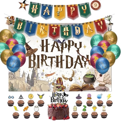 Harry Geburtstag Deko, Wizard Party Geburtstagsdeko Set mit Großer Hintergrund-Stoff Potter Ballons Geburtstag Banner Kuchen Deko, Magische Zauberer Geburtstagsdeko
