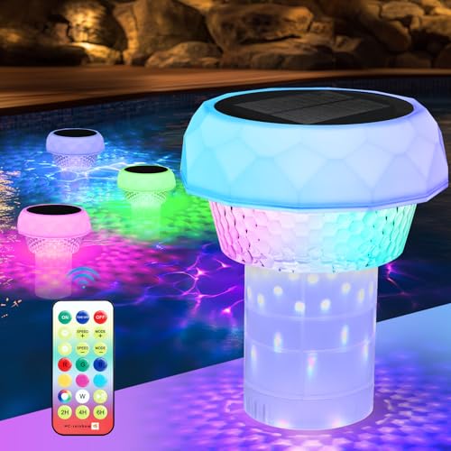 Dosierschwimmer Pool mit LED Poolbeleuchtung Solar Schiffchen Schwimmender Chlorspender mit Fernbedienung Einstellbar Dosierschwimmer Pool Schwimmer für Chlortabletten Chlordosierer IP68 Wasserdicht