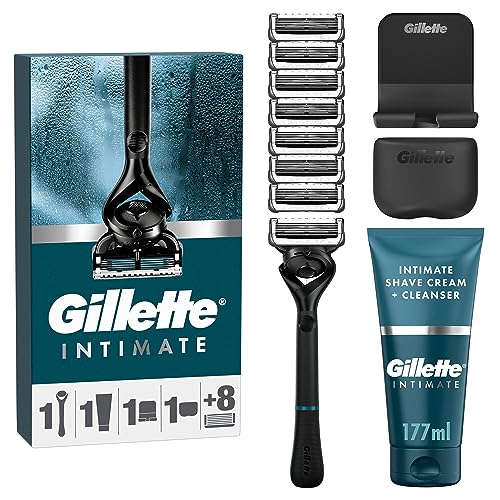 Gillette Intimate Rasierset für Männer, Rasierapparat Herren + 8 Rasierklingen + 2in1 Rasier- und Duschcreme für den Intimbereich (177 ml) + Inklusive Duschhalterung & Reiseetui, Geschenk für Männer
