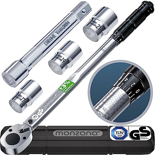 Monzana® Drehmomentschlüssel 6tlg. Set 40-210Nm TÜV Süd GS 1/2' Zoll CrV +/- 3% Toleranz Wende Ratschenkopf inkl. 3 Stecknüsse 17, 19, 21mm Verlängerung inkl. Koffer Auto Motorrad