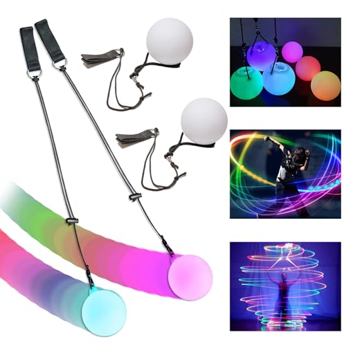 2 Stück LED Poi Bälle, LED POI Jonglierbälle Leuchtend, Poi Jonglierbälle mit Regenbogen Farben und Strobe Effekt, Zirkus Spielzeug, Spinning POI Spielzeug Set für Kinder und Erwachsene