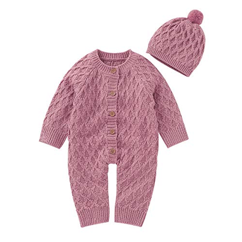 Refein Neugeborene Baby gestrickte Strampler Winter Warm Langarm Body Pullover Jumpsuit mit Hut für Jungen Mädchen 0-18 Monate