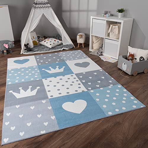 Paco Home Teppich Kinderzimmer Kinderteppich Spielteppich Kurzflor rutschfest Krone Herzen Punkte Sonne Regenbogen Buchstaben, Grösse:120x160 cm, Farbe:Blau