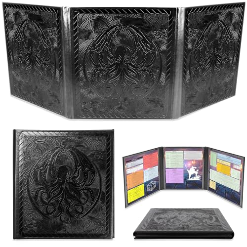 CASEMATIX DM Screen - 3-Panel Travel Ready Dungeon Master Screen mit transparenten Taschen, PU Leder GM Bildschirm, Wet-Erase kompatibel, kompakte Größe für tragbare Tisch-RPG-Kampagnen
