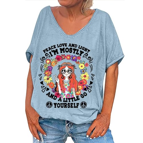 Keepink Übergroße T-Shirts für Damen, Vintage-Grafikdruck, kurze Ärmel, lässig, locker, V-Ausschnitt, Sommer-Shirts, Pullover, Urlaub, Blusen, passend für Teenager, Mädchen, UK-Ausverkauf, 045