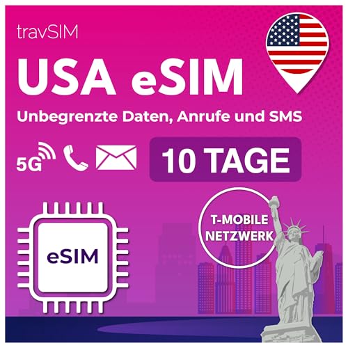 travSIM USA eSIM | T-Mobile Netz | Unbegrenzte Daten, Anrufe & Texte in den USA | e SIM Amerika funktioniert auf eSIM kompatiblen iOS & Android Geräten | e SIM Karte USA 10 Tage