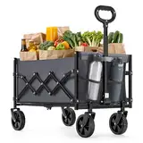 SONGMICS Handwagen faltbar, Bollerwagen, Gartenwagen, kompakt, mit Griff, mit 4 verstärkten Rollen, Davon 2 Universalräder, bis 180 kg belastbar, Outdoor, Garten, schiefergrau GFW909G01