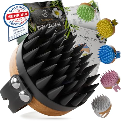 HELDSON® Premium Kopfhaut Massagebürste - FSC®100% - Kopfmassage Bürste - Scalp Massager Brush - Haar Massagebürste Haare - Hair Care Kopfhaut Peeling - Kopf Massage - Scalp Scrub [Onyxschwarz]
