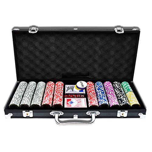 UISEBRT Pokerkoffer Set 500 Chips - Pokerset Laser inkl. 2X Pokerdecks, 5X Würfel, 3X Dealer Button (500 Chips, Schwarz Aluminium-Gehäuse)