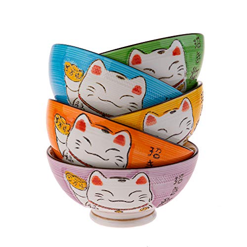 Lachineuse - Japanisches Schalen-Set mit Maneki Neko Katz Design - 5 Traditionelle Reisschalen - Japanisches Schüsseln - Porzellan - Geschenkset Japan Asien, Chat Japonais