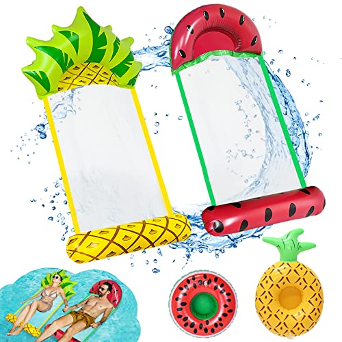 FORMIZON Aufblasbare Wasserhängematte, 2 Stück Pool Schwimmbett mit 2 Stück Becherhalter, Wassermelone Ananas Zusammenklappbar Aufblasbare Hängematte für Erwachsene und Kinder
