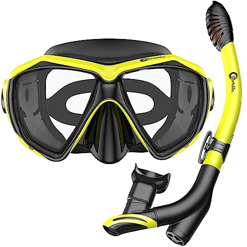 Dorlle Schnorchelset Schnorcheln Set mit Schnorchel und Taucherbrille，wasserdichte Tauchmaske Anti-Fog Anti-Leck aus Gehärtetem Glas，mit 3-Kanal Premium Dry Schnorchel für Erwachsene ，Schwarz/Gelb