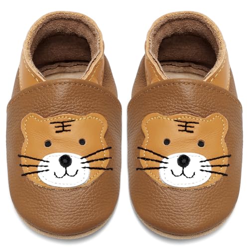 IceUnicorn Krabbelschuhe Baby Lauflernschuhe Jungen Mädchen Weicher Leder Babyhausschuhe Kleinkind Rutschfeste Lederschuhe Baby(Gelbbrauner Tiger, 12-18 Monate)