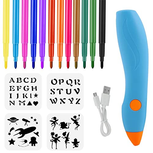 MeYuxg Elektrischer Farbsprühstift, Airbrush-Set für Kinder mit 12 Filzstiften & 12 Schablonen, DIY Malerei Airbrush Farben sprühen für Kinder, Wiederaufladbar丨Spülbar丨Ungiftig, Blau