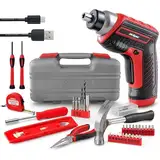 Hi-Spec 35-tlg Rotes Heimwerker-Werkzeugset mit wiederaufladbarem USB-Akkuschrauber, werkzeugkoffer klein, Gefüllt mit Akkubohrer, Bohrmaschine, Hammer und schraubendreher elektrisch.