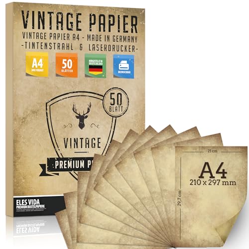 50 Stück Altes Papier 100g/qm DIY DIN A4 Antik Briefpapier beidseitig Druck Kommunion, Papierrolle für Landkarte, Kinder Schatzsuche, Historische Einladungen, Auszeichnungen - DEUTSCHE HERSTELLUNG