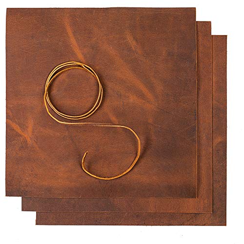 Wanderings Braune Lederzuschnitte | Drei 30 x 30 cm Quadrate und eine 91 cm Lederschnur | Echtes Vollnarben-Büffelleder | Ideal zum Basteln, Prägen und für Lederarbeiten