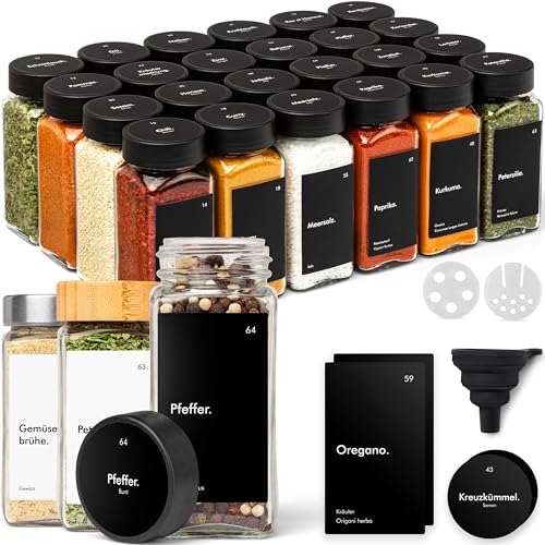 KIVY Gewürzgläser mit Streueinsatz [24x 120ml] + 240 Wasserfeste Label - Luftdichte Gewürzgläser Schwarz - Gewürzstreuer Glas Sticker - Gewürzdosen Schwarz - Gewürzgläser schwarzer Deckel