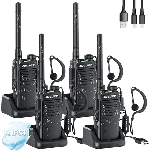 JUCJET EP31 Walkie-Talkie (4 Stück), IP54 wasserdichte Walkie-Talkies, PMR446-Walkie-Talkie mit NOAA-Scan, Empfang, 2-in-1-TYP-C-Ladekabel, mit USB-Ladestation, original Kopfhörer. (Schwarz)