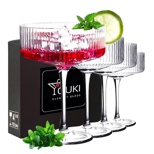 YOUKI Cocktailgläser, Vintage-Coupé-Gläser-Set, Champagner, Cocktail, Martini, Weingläser, langer Stiel, 280 ml, 4 Stück