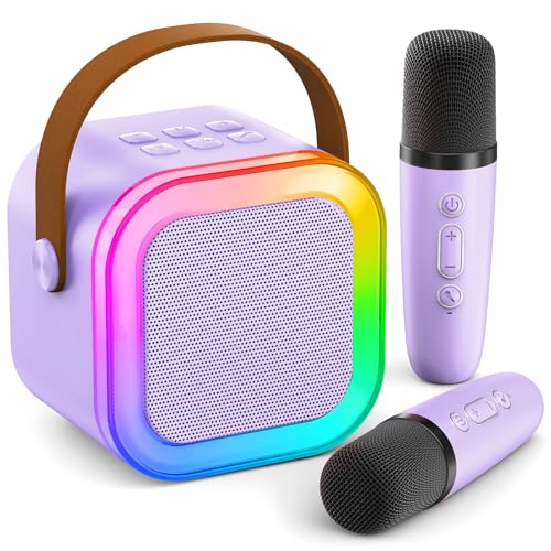 Karaoke Maschine Kinder IROO Mini Karaoke Maschine mit 2 Mikrofonen, Mädchen Mikrofon Kinder Geschenke für Kinder Tragbarer Bluetooth-Lautsprecher mit Stimme wechselnde Effekte und LED-Lichter(Lila)