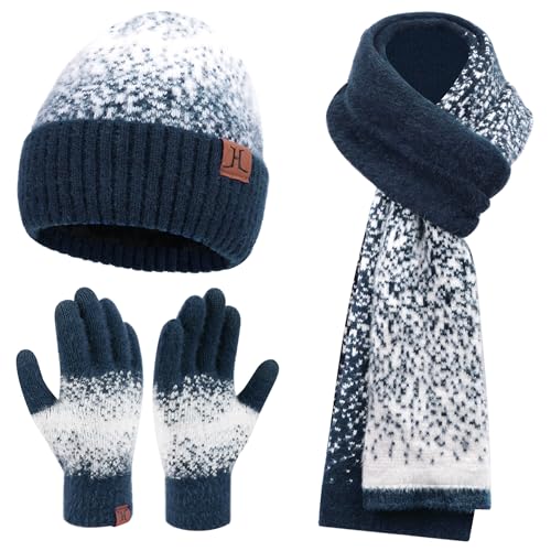 Damen Winter Warm Mütze Touchscreen Handschuhe und Lang Schal Set mit Fleece Gefütterte, Thermo Wintermütze Strickmütze Beanie Winterhandschuhe Strickhandschuhe Schals, Marineblau Weiß