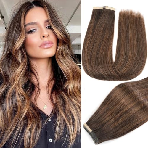 YDDM Tape In Extensions Echthaar 20pcs 45cm 40g Dunkelbraun mit Chestnut Brau Invisible Tape Extensions Echthaar Extensions Tape Extensions Echthaar Skin Weft Haarverlängerung(18Zoll,2/2/6#)