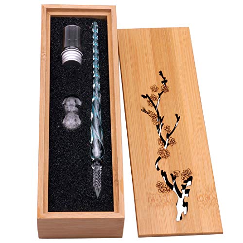 HSTYAIG Glas Dip-Stift Jahrgang Handgemachte Glas Unterschrift Stift Elegante Kristall Dip Zeichen Geschenk Stift Mit Geschnitzten Holzkiste(Blau)