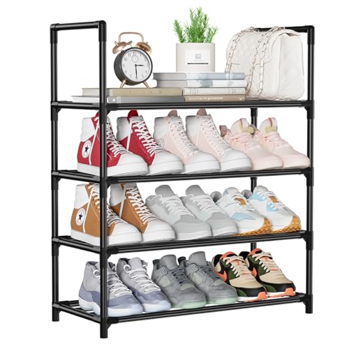 SOLVIEW Schuhregal Metall mit 4 Ebenen,Schuhregal Schmal Platzsparend,Schuhschrank Organizer für 12 Paar,Stapelbar Schwarz Schuhregal für Flur,Outdoor,Abstellkammer,60 x 25.5 x 72cm