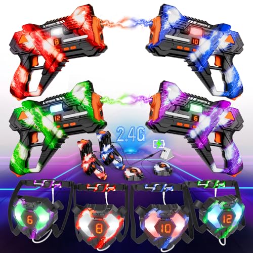 Wiederaufladbare Laser Tag 360° Kämpfen - 2.4GHz Data SYNC Display Laser Tag mit Weste und Rücken Ziel 4 Spieler,Infrarot Laser Tag Spiel für drinnen und draußen für Kinder Teen Alter 6-12+ Jahre alt