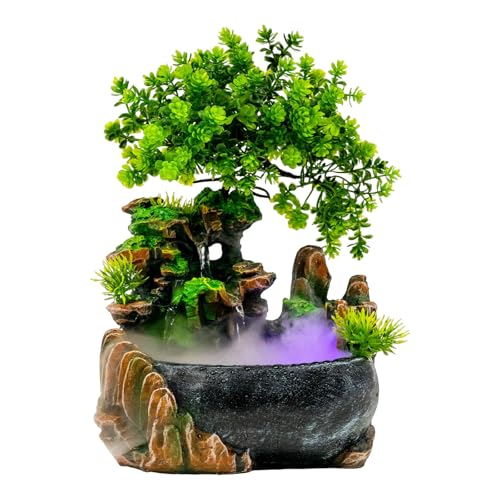 MINRS Zimmerbrunnen Wasserfall, Grüne Pflanze Brunnen Tischbrunnen mit Led Beleuchtung und Zerstäuber Zimmer Tisch Springbrunnen Wasserfall Ür die Platzierung In Wohnzimmer Büro 20 x 15 x 28 cm