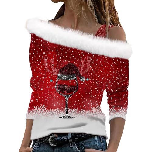 2025 - Weihnachten Frauen Schulterfrei Langarm Print Plüsch Träger Langarm T-Shirt Top Bluse Tunika Bergmenschen T Shirt Damen (Red, M)