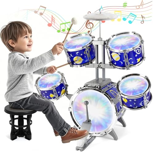 Schlagzeug Kinder mit Lichtern, 5 Trommels mit Hocker Percussion, Musikinstrument Lernspielzeug Spielzeug Geschenk für Kinder ab 3 Jahre Mädchen und Jungen