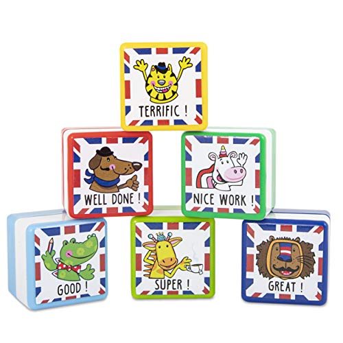 TRENDHAUS 601506 Lehrer Stempel Set Englisch, 6 selbstfärbende Belohnungsstempel, 3 cm x 3 cm x 2 cm, bunt